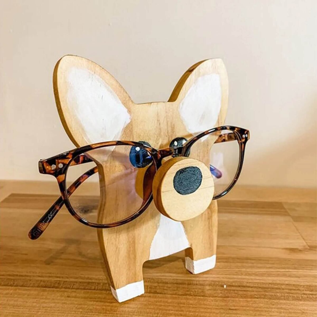 Porta Óculos Cachorro Corgi Suporte de Madeira