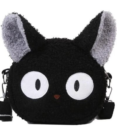 Bolsa Gata Jiji de Pelúcia Preto Macio Fofo Estilo Kawaii Japonês