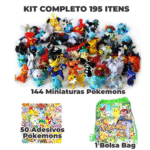 Kit 144 Pokemons + 50 Adesivos Coleção Completa Miniaturas e Bolsa Bag