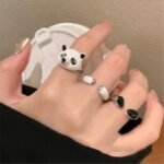 Kit 3 Anéis com Formato de Urso Panda Ajustável Fofo e Divertido